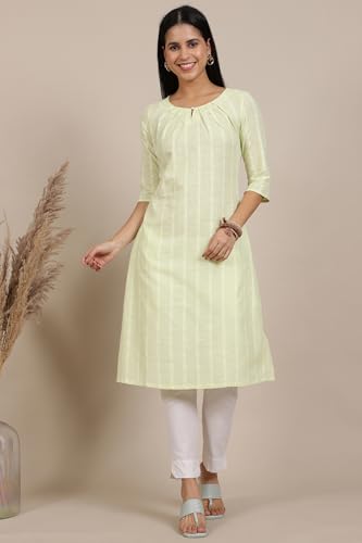Aurelia Women'S Green Yarn Dyed Cotton Blend Flarred Kurta
