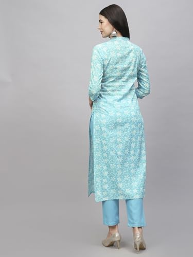 ANNI DESIGNER Womens Cotton Blend Straight Printed Kurta with Pant (Evika Blue-NW_L_Blue_Large)