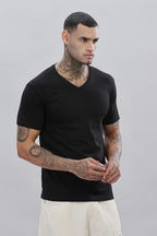 ADRO Mens V Neck Solid Cotton T-Shirt (VN-M-PLN-BL_Black_L)