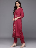 Varanga Women Red Thread Embroidered Kurta With Organza Hem Paired Bottom And Dupatta