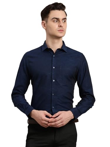 Turtle Men Giza Cotton Navy Blue Jacquard Slim Fit Party Shirt