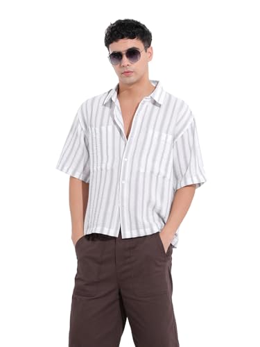 The Indian Garage Co Mens Boxy Fit Vertical Striped Cutaway Collar Half Sleeves Resort Shirt