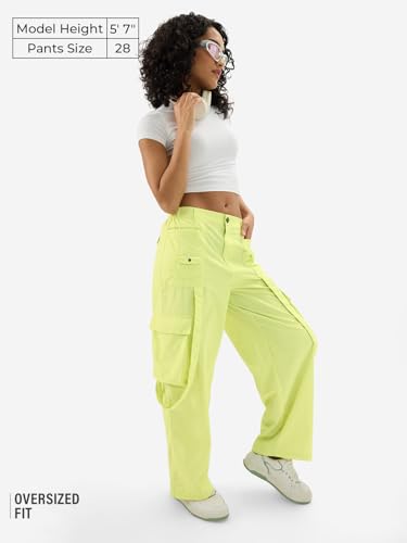 The Souled Store Lime Women & Girls Buttoned Solid Nylon Loose Fit Parachute Pants