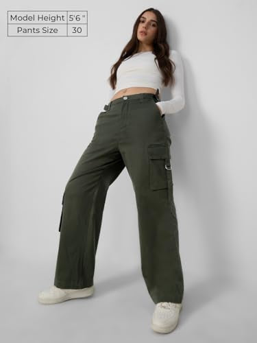The Souled Store Utility Pants: Olive Women and Girls Buttoned Cotton Straight Fit Cargo Pants