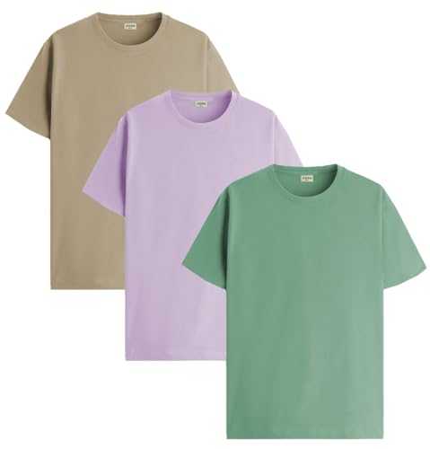 ADRO Men's Solid Regular Fit T-Shirt (RCM3-PLN-PT-BE-PU_Pista,Beige,Purple