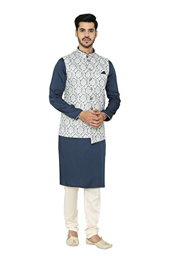 Manyavar MenS Silk Cotton Other Kurta Pyjama With Waist Coat (Jast101_Blue_M)