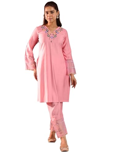 Libas Womens Embellished Silk Blend Straight Kurta With Trousers