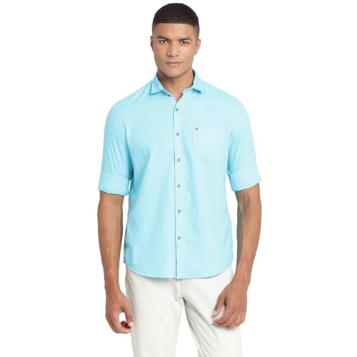 Turtle Men Sky Blue Cotton Solid Slim Fit Casual Shirts