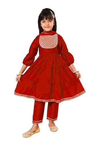 A.T.U.N. (ALL THINGS UBER NICE) Girls Tiered Gotta Patti Kurta with Trousers & With Dupatta
