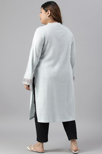 W For Women Blue Acrylic Printed Plus Size Winter Kurta