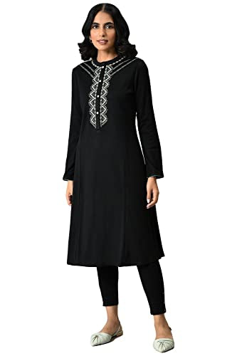 W For Women Black Acrylic Statement Winter Kurta_22Now18634-215961_S