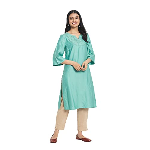 Fabindia Women Silk Straight Knee Length Kurta Viscose_S Blue