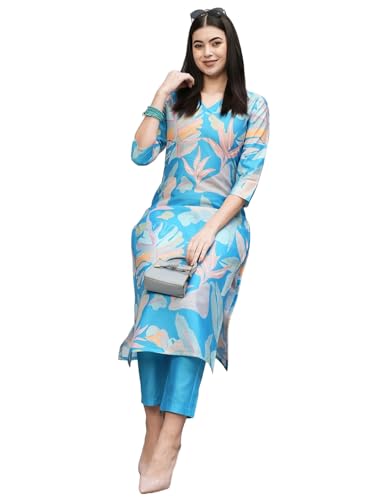 ANNI DESIGNER Womens Cotton Blend Straight Printed Kurta with Pant (Jonaki Blue_S_Blue_Small)