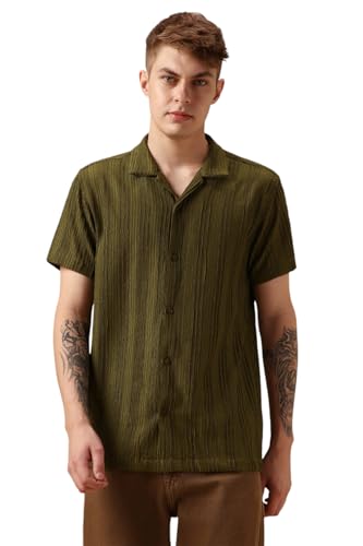 Dennis Lingo Men Olive Poly Seersucker Half Sleeve Shirt Collar Stripes Shirts
