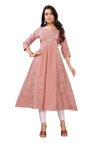 Rangita Peach Viscose Poly Anarkali Printed Calf Length Kurti | Kurta For Women_M
