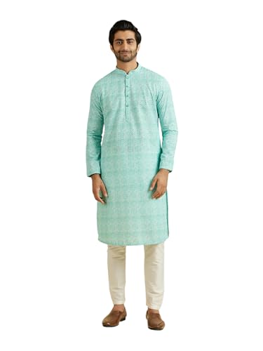Manyavar MenS Cotton Blend Embroidered Kurta Pyjama Set (Aqua Green,M)