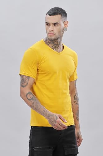 ADRO Mens V Neck Solid Cotton T-Shirt (VN-M-PLN-MU_Mustard_2XL)