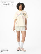 The Souled Store Souled Originals: Colour Blast Women and Girls Short Sleeves Round Neck Off White Embroidered Cotton Oversized
