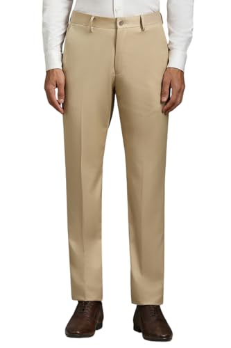 Louis Philippe Men Beige Solid Flat Front Formal Trousers