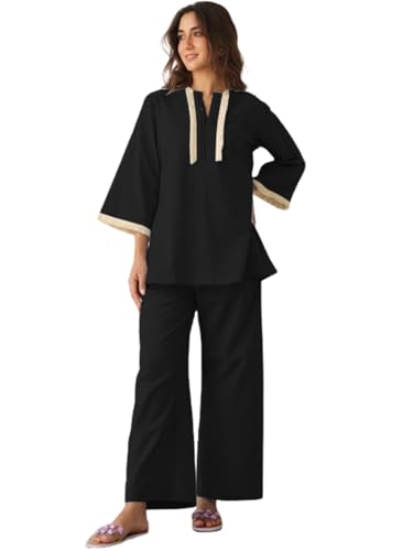 GRECIILOOKS Polycotton Ethnic Mid-Thigh Length Stylish | Festive Travel Co Ord Kurta Set for Women (GL-W2048&TR1023_Black_XL)