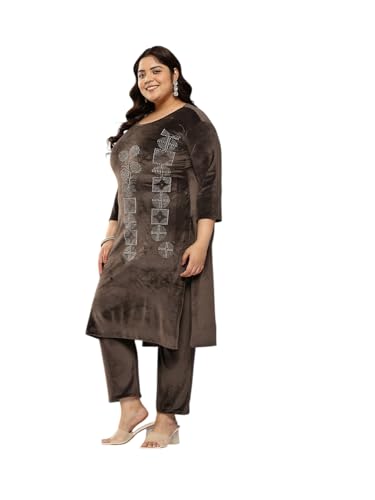 Aarika Womens Ethnic Wear Brown Colour Embellished Beads Velvet Kurti & Pant Set-(Xl-2Xl)-(Oct_Kp-W-Ad-1004-Brown-Xxl)
