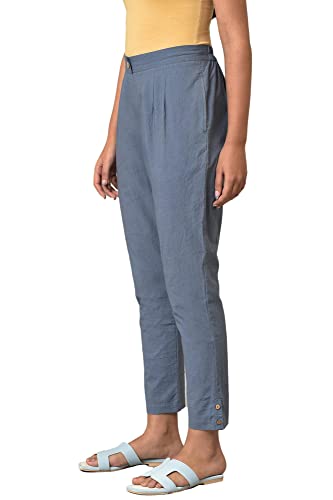 Aurelia Grey Solid Cotton Regular Trousers for Women