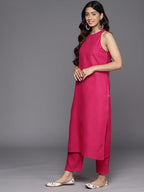 Varanga Women Pink Halter Neck Solid Kurta Paired With Tonal Bottom And Bhagalpuri Printed Dupatta