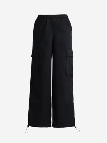 The Souled Store Parachute Pants: Phantom Women and Girls Pull On Black Solid Cotton Baggy Fit Cargo Pants
