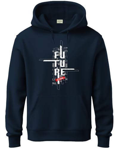 ADRO Men's Cotton Blend Neck Hooded Sweatshirt (H24-FTR-NB_Navy Blue