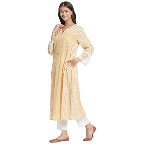 Fabindia Women Neck Hand Block Printed Cotton Long Kurta Funnel_Yellow