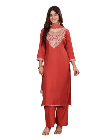 Varanga Women Rust Round Neck Zari Embroidered Yoke Straight Kurta With Tonal Bottom And Dupatta