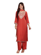 Varanga Women Rust Round Neck Zari Embroidered Yoke Straight Kurta With Tonal Bottom And Dupatta