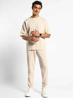 Nobero Men Cotton Blend Solid Sand Oversized Moses - Brown Popcorn Textured Co-Ord Set - Crew-Neck T-Shirt & Joggers Set