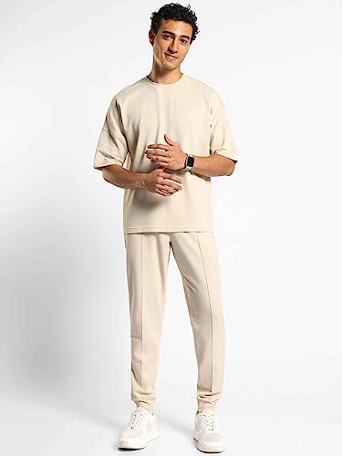 Nobero MenS Sand Oversized Moses Co-Ord Set - Brown Popcorn Textured T-Shirt & Joggers - Crew-Neck Oversized Fit For Men
