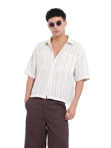 The Indian Garage Co Mens Boxy Fit Vertical Striped Cutaway Collar Half Sleeves Resort Shirt