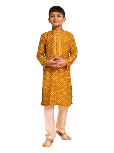 Manyavar Boys Viscose Blend Bandhani Print Kurta Pyjama Set (Mustard,5-6Y)