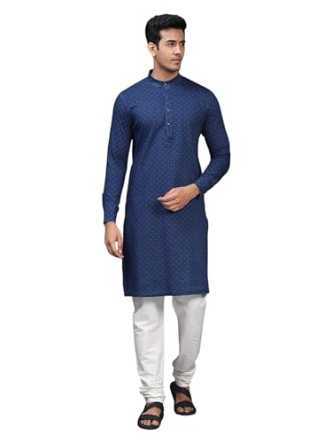 Manyavar Blue Cotton Blend Self Design Kurta Only For Men