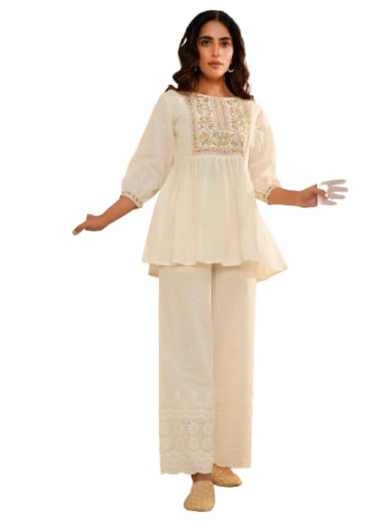 Libas Womens Yoke Design Cotton A-Line Kurti for Women Off White