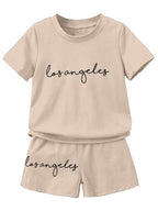 AVANOVA Boys Pista 2pcs/Set Young Boy Loose Comfortable T-Shirt With Los Angeles Print And Shorts, Casual Cute Style Suitable F