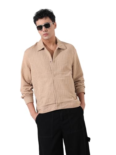 The Indian Garage Co Mens Regular Fit Self Design Spread Collar Full Sleeves Casual Shacket Sweater