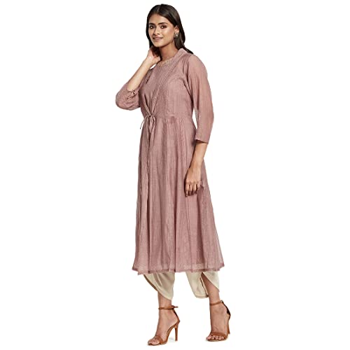 Fabindia Women Cotton Silk Embroidered Long Kurta Pink