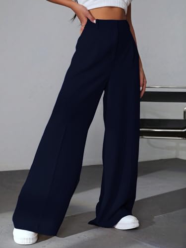 Greciilooks High Waist Trousers For Women  Flared Korean Style Formal Pants | Elegant Workwear For Office, College & Events Blue