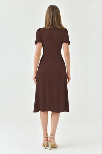 Shasmi Girls & Womens Solid Brown Midi Dress  Elegant Square Neck Button-Down Dress with Puff Short Sleeves | Stylish Casual &
