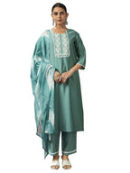 Sanisa Women'S Viscose Chanderi Embroidery Work Straight Kurta With Pant And Dupatta Set (213Kbd2255N-Xl_Mint Green)