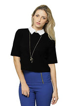 Miss Chase WomenS Black And White Collar Neck 3/4 Sleeves Solid Crop Top (Mcaw14Tp01-43-62-05-Multicolor-L)