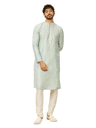Manyavar Light Blue Art Silk Embroidery|Stone Work Kurta Pyjama Set For Men