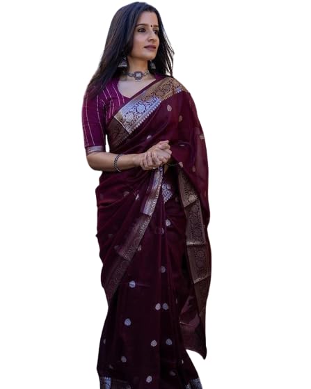 Flosive Womens Kanjivaram Pure Zari Woven Soft Silk Saree With Blouse Piece Multicolor (MAROON M)