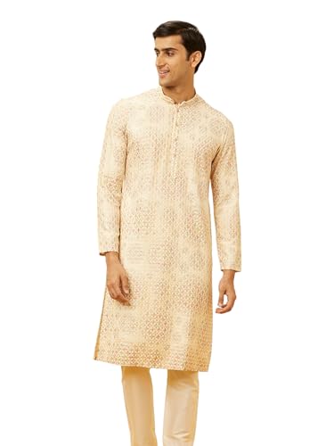 Manyavar Mens Beige Viscose Kurta Pyjama Set