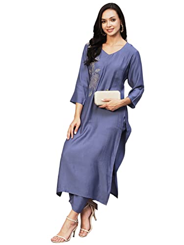 ANNI DESIGNER Women's Cotton Blend Straight Embroidered Kurta with Pant (Miti Blue-NW_M_Blue_Medium)