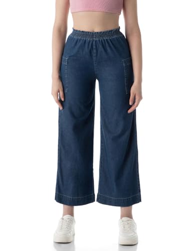 INKD Womens Wide Leg Mid Rise Jeans - High-Rise | 100% Cotton| Enzyme Wash | Elasticated Waistband(INKSS24WJN-401-Inkwell Indig